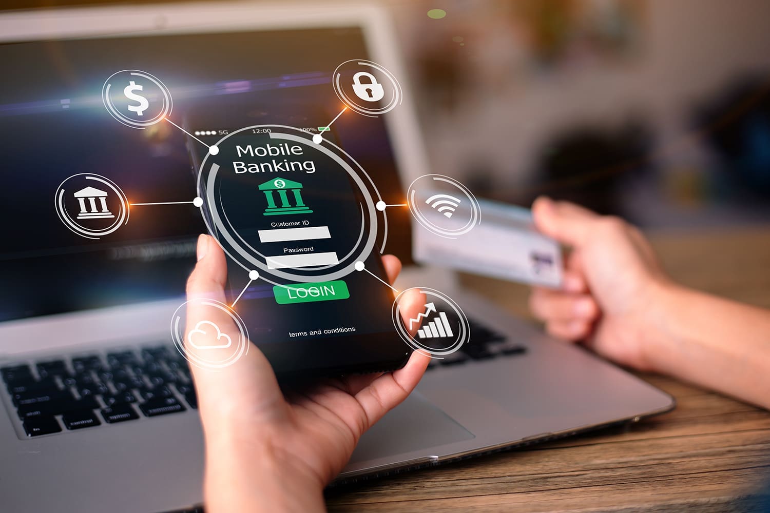 A person holding a cell phone opened up to their mobile banking app.